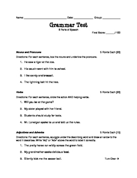 Preview of Parts of Speech Grammar Test