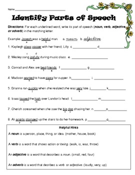 worksheet for 8 parts of speech