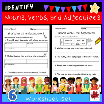 Preview of Nouns, Verbs, and Adjectives Free Parts of Speech Worksheet Set