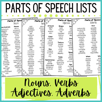 Preview of Parts of Speech Lists - Nouns, Adjectives, Verbs, Adverbs for Student Reference