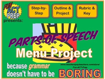 Preview of Parts of Speech Menu Project: NO PREP, Step-by-Step Project w/ Rubric & Quiz