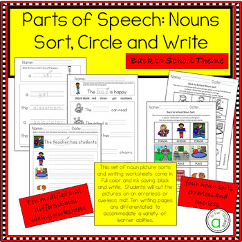 Preview of Parts of Speech: Nouns - Back to School theme - Sort, Circle, Write