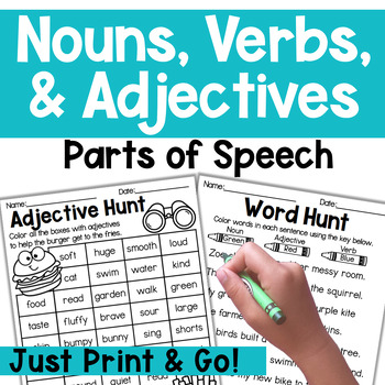 Preview of Parts of Speech: Nouns, Verbs, & Adjectives No Prep Printables