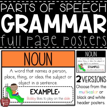 Preview of Parts of Speech Grammar Full Page Posters {13 Terms with Definition and Example}