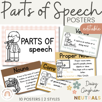 Preview of Parts of Speech Posters | Daisy Gingham Neutrals English Classroom Decor