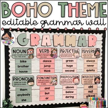Preview of Parts of Speech Posters | Grammar Wall Bulletin Board Kit | Boho Theme
