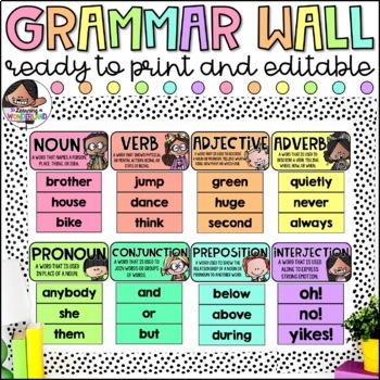 Preview of Parts of Speech Posters | Grammar Wall Bulletin Board Kit | Pastel Rainbow