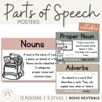 Preview of Parts of Speech Posters | Editable | Boho Neutral Classroom Decor