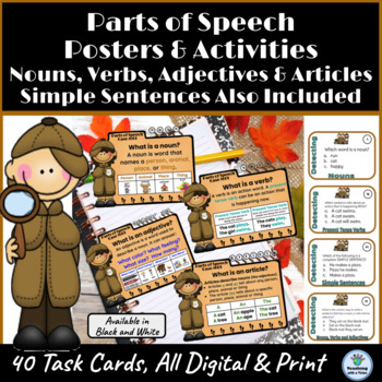 Preview of Parts of Speech Posters & Task Cards Nouns Verbs Adjectives Grades 1 & 2