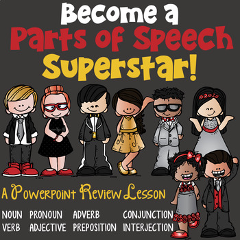 Preview of Parts of Speech PowerPoint: Part 4 Review (N, V, Adj, Adv, Pro, Conj, Prep, Int)