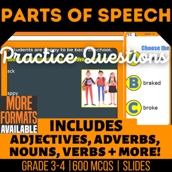 Preview of Parts of Speech Practice Incl Nouns Verbs Adjectives Grade 3 and 4 Google Slides