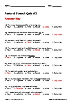 parts of speech worksheets with answer key pdf