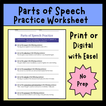 Preview of Parts of Speech Practice Worksheet | Activity