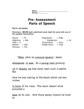 Preview of Parts of Speech, Pre-Assessment