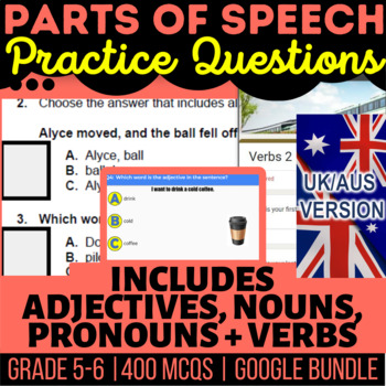 Preview of Parts of Speech Question Bundle Nouns, Verbs, Adjectives, Pronoun UK/AUS English