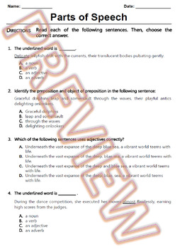 Preview of Parts of Speech Worksheets & Review (12 Tests, 240 Questions) 7th-8th Grade ELA