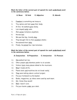 parts of speech quiz by paula smith teachers pay teachers