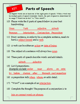 parts of speech worksheet editable word doc w answer