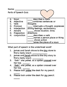 parts of speech worksheet quiz