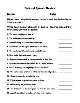 parts of speech review worksheet 6th grade