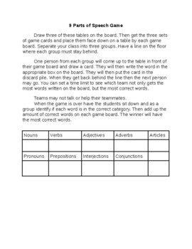 Preview of Parts of Speech Review: 9 Parts of Speech teaching/review Game