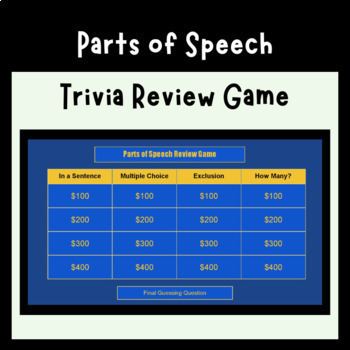 Preview of Parts of Speech Review Game Trivia (Nouns, Verbs, Adjectives, Adverbs, and more)