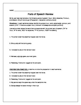 Preview of Parts of Speech Review & Preposition Practice