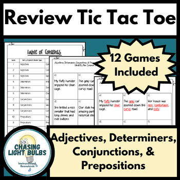 Preview of Parts of Speech Review TicTacToe-Adjective, Determiner, Conjunction, Preposition