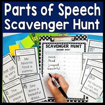Preview of Parts of Speech Scavenger Hunt Activity: 20 Noun, Verb and Adjective Task Cards
