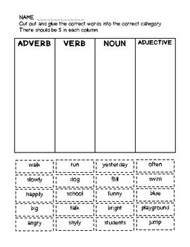 noun verb adjective sort cut and paste teaching resources tpt