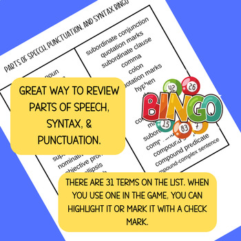 Preview of Parts of Speech, Syntax, & Punctuation BINGO! 16 Cards and List of Words/Phrases