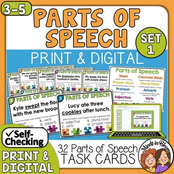 Preview of Parts of Speech Task Cards Set 1 | Print & Digital | Anchor Chart | ELA Review