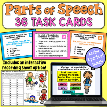 Preview of Parts of Speech Task Cards: 36 Grammar Practice Cards for 4th and 5th Grade
