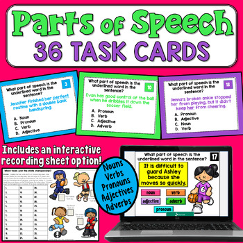 Preview of Parts of Speech Task Cards: Practice Noun, Verb, Pronoun, Adjective, & Adverb