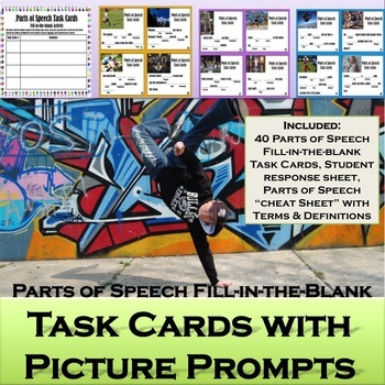 Preview of Parts of Speech Task Cards with Picture Prompts: Centers, Stations, Assessment