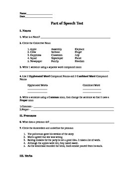Preview of Parts of Speech Test
