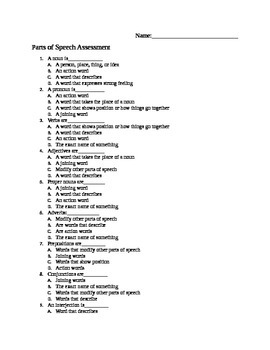 parts of speech test by hs and ms english and social studies tpt