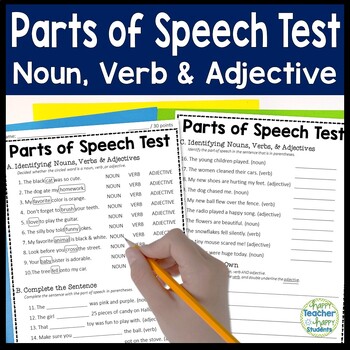 Preview of Parts of Speech Test: Identifying Nouns, Verbs & Adjectives Quiz with Answer Key