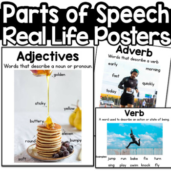 Preview of Parts of Speech Verbs Nouns Adverbs  Posters reading 