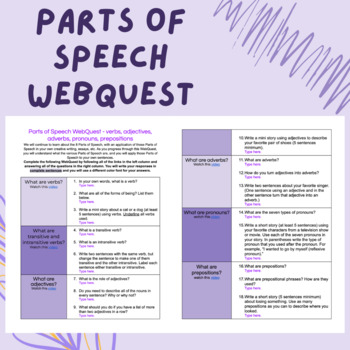 Preview of Parts of Speech WebQuest - verbs, adjectives, adverbs, pronouns, prepositions