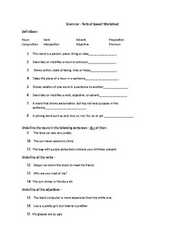 Preview of Parts of Speech - Worksheet