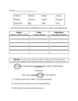 parts of speech review worksheet 3rd grade