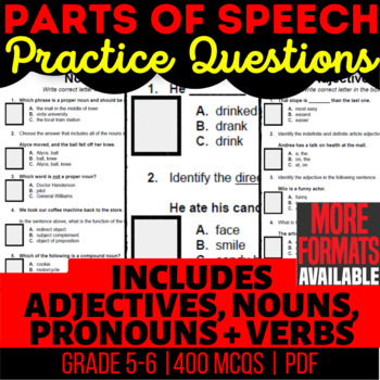 Preview of Parts of Speech Worksheet Bundle | Nouns Verbs Adjectives Pronouns