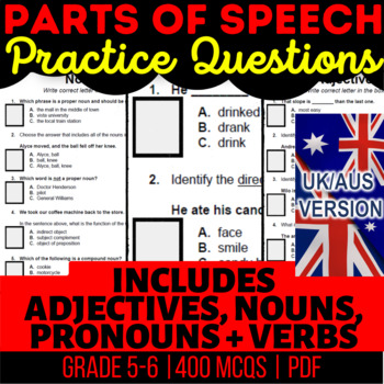 Preview of Parts of Speech Printable Bundle: Nouns, Verbs, Adjectives UK/AUS Spelling
