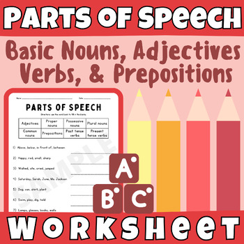 Preview of Parts of Speech Worksheet: Nouns, Verbs, Prepositions, Adjectives Grammar ELA