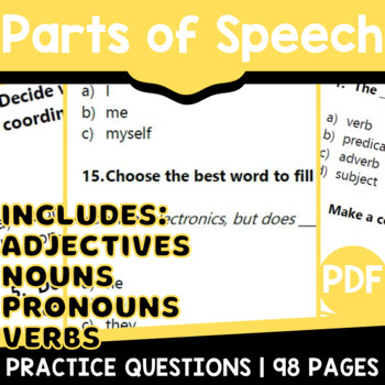 Preview of Parts of Speech Worksheets Bundle Nouns Verbs Adjectives Pronouns Grade 3-4