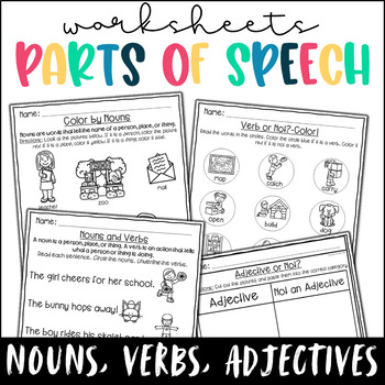 Preview of Parts of Speech Worksheets- Nouns, Verbs, Adjectives