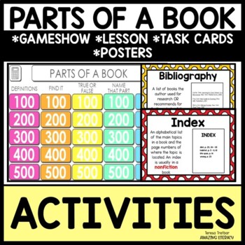 Preview of Parts of a Book Lesson | Gameshow | Task cards | Posters