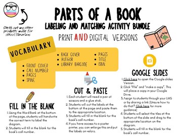 Preview of Parts of a Book Library Label Matching Activity
