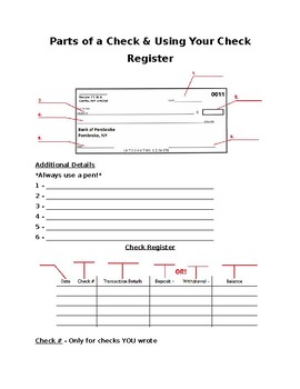 Preview of Parts of a Check and Using a Check Register Worksheet